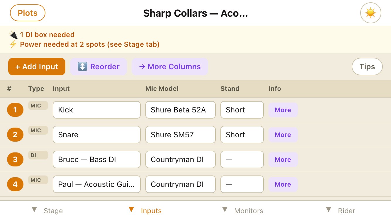 GigPlot input list export showing mic models, stands, and channel numbers