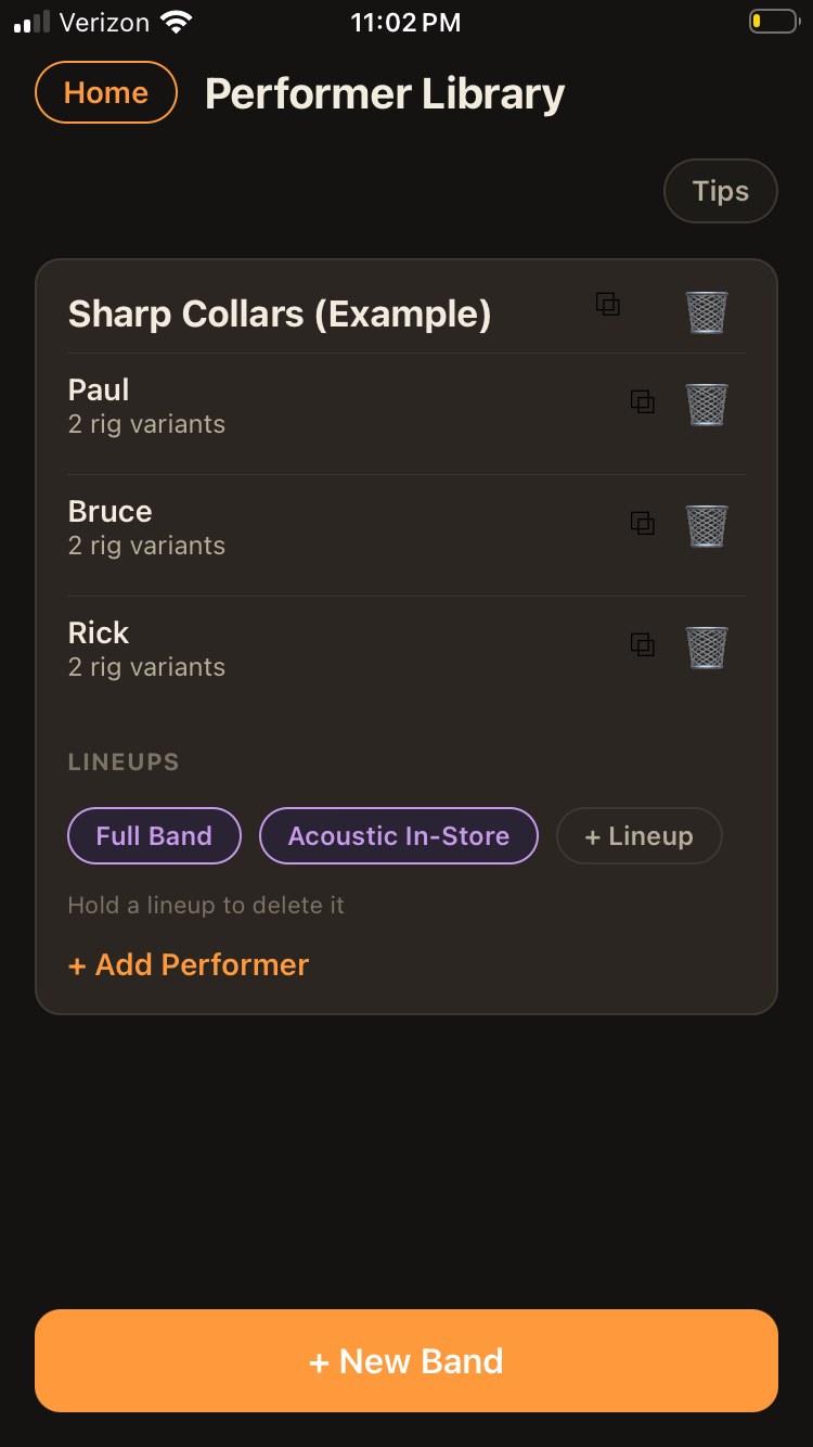 GigPlot Performer Library with saved rigs and lineups
