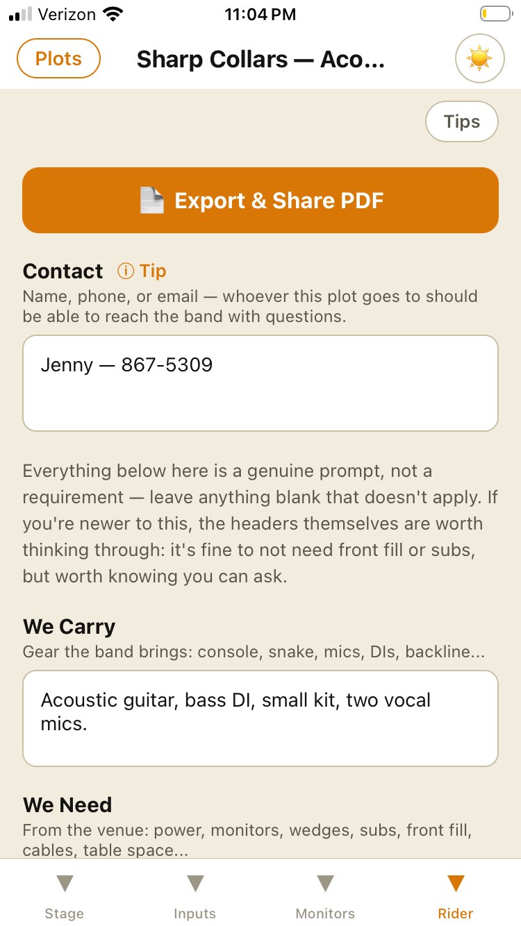 GigPlot rider tab with contact, we-carry, and we-need fields