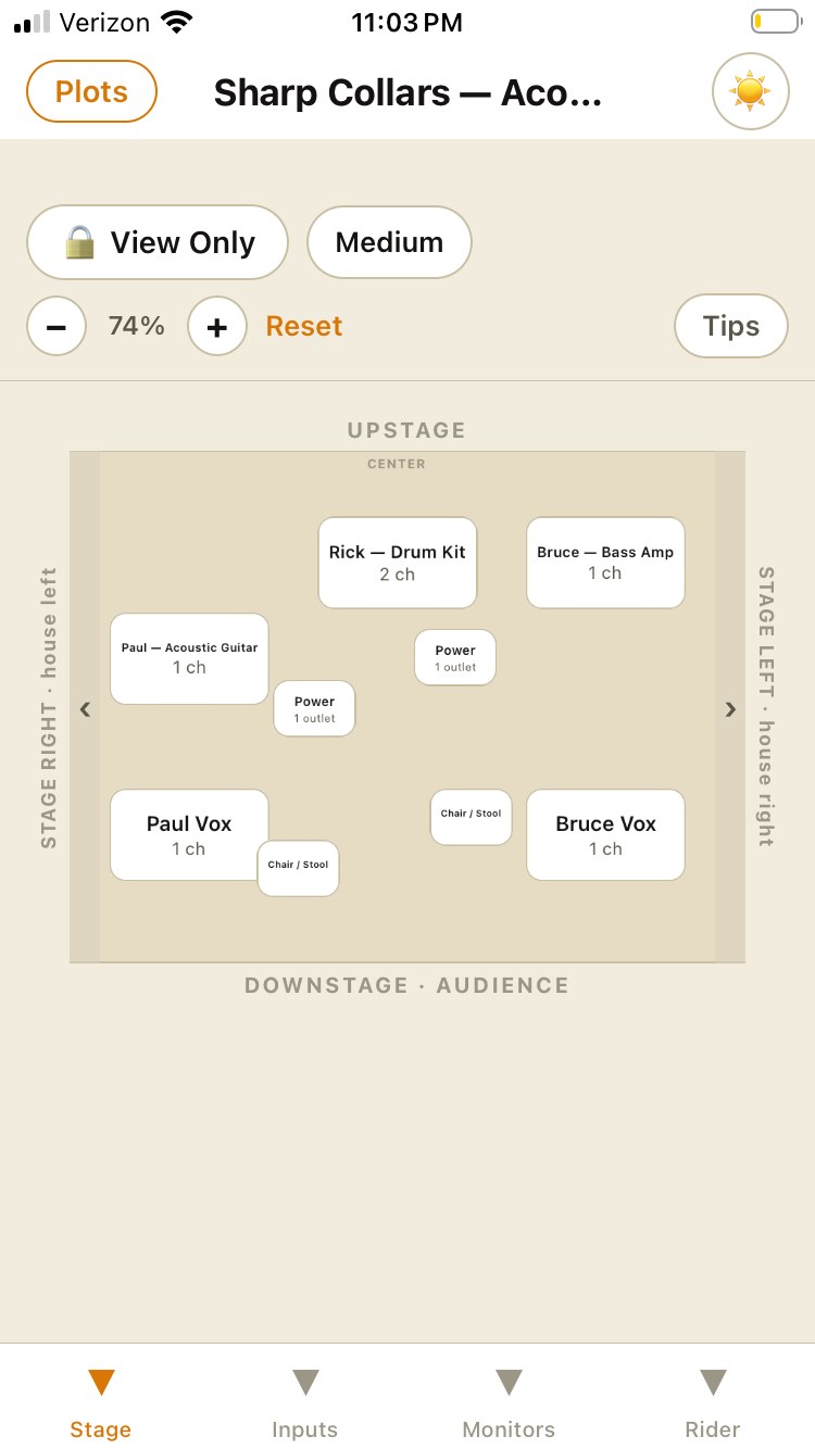 GigPlot stage canvas showing a full band layout